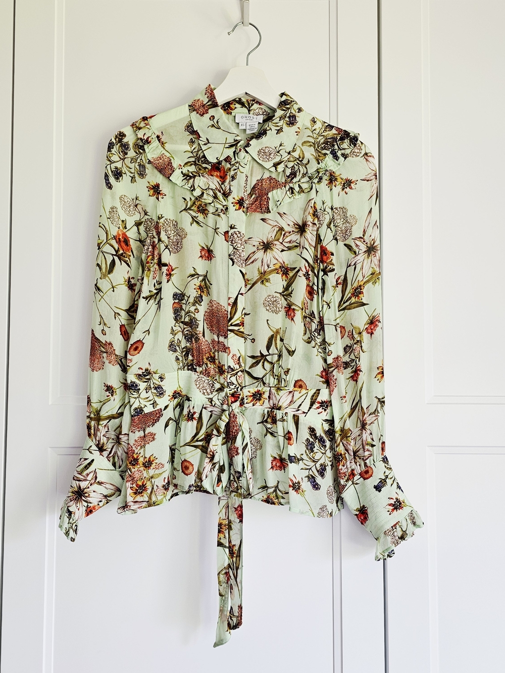 Ghost By London Sage Mint Green Floral Easter Blouse With Peplum & Bow Tie Front